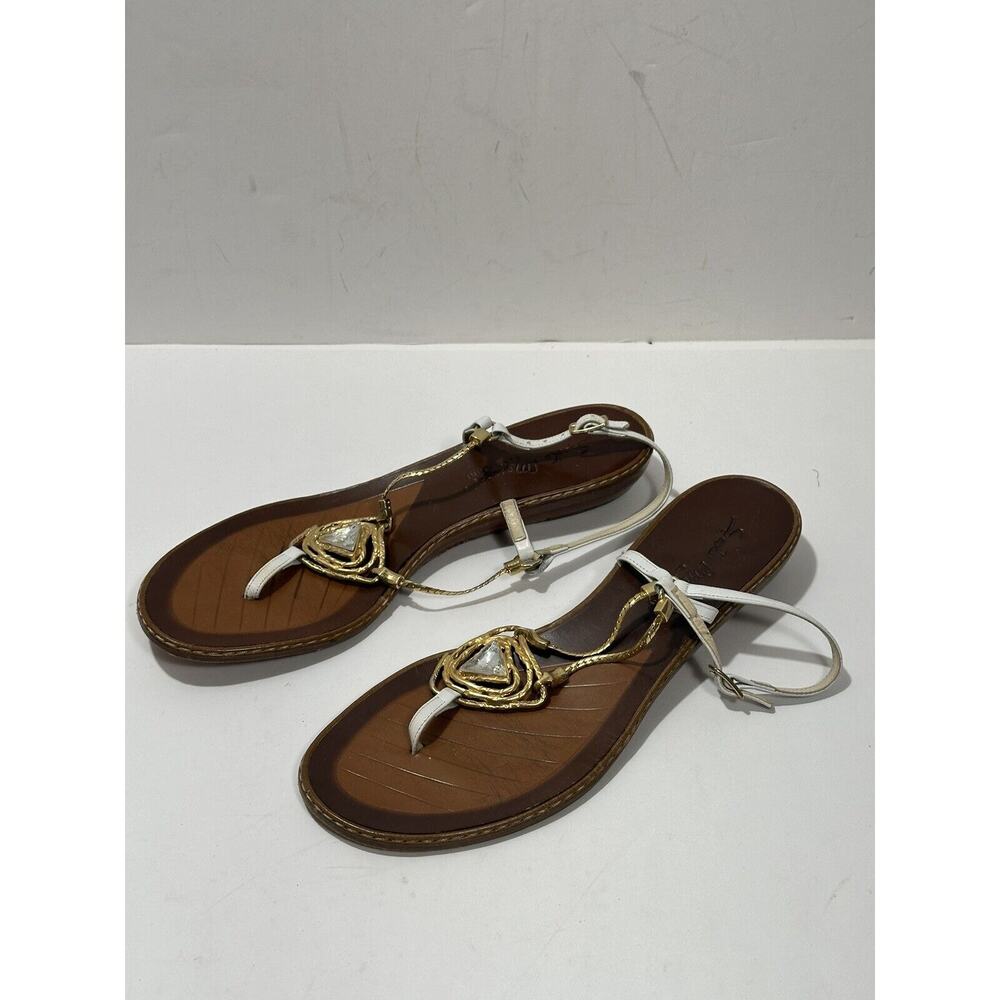 Sesto Meucci Sandals Gold Chain White Medallion Stone Leather Thong Slingback 7N